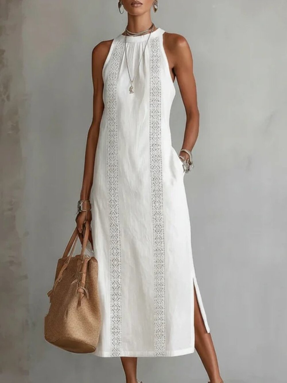 Women's Halter Neck Sleeveless Lace Patchwork Dress